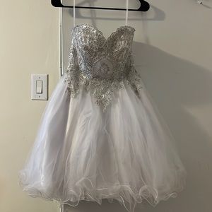 Strapless White and Silver dress. Worn Once. Minor make up mark inside dress.